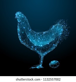 Chicken and egg. Low poly wireframe. Vector polygonal image in the form of a starry sky or space, consisting of points, lines, and shapes in the form of stars with destruct shapes.