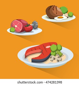 chicken egg meat fish tomato broccoli healthy and organic food nutrition lifestyle icon set. Colorful and flat design. Vector illustration