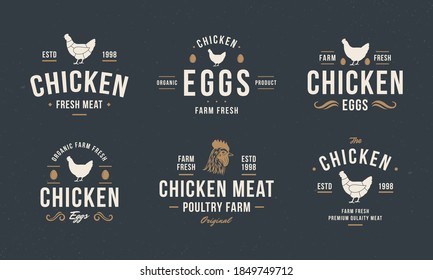 Chicken egg, Chicken meat logo, label. Vintage Chicken logo templates with hen silhouette. Retro hipster poultry emblems and posters for restaurant, butcher shop, packaging design. Vector illustration