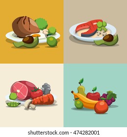 chicken egg meat tomato carrot fruits fish avocado healthy and organic food nutrition lifestyle icon set. Colorful and flat design. Vector illustration