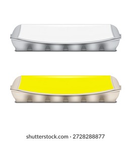 Embalagem de ovo de galinha. Montagem realista. Branco e colorido. Facilmente editável. 12 ovos caixa superior plana com rótulo em branco. Mock-up de vetor. Modelo para design