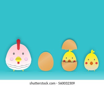 Chicken and egg paper art style 3d vector illustration set