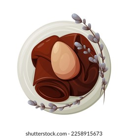 Chicken egg in a plate on a red towel with willow sprigs. Easter theme. Vector illustration, cartoon style, isolated background. Top view.