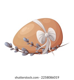 Chicken egg with ribbon and bow, willow branches. Easter theme. Vector illustration, cartoon style, isolated background