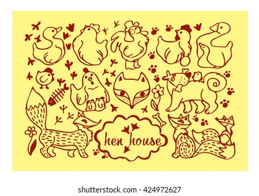 chicken, egg, rooster, chick, Fox, dog, footprint,goose, duck, flower, stylized animals