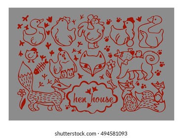 chicken, egg, rooster, chick, Fox, dog, footprint,goose, duck, flower, stylized animals