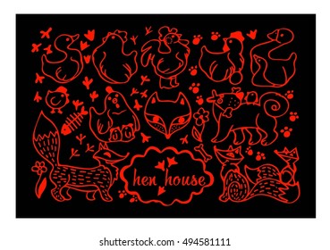 chicken, egg, rooster, chick, Fox, dog, footprint,goose, duck, flower, stylized animals