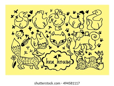 chicken, egg, rooster, chick, Fox, dog, footprint,goose, duck, flower, stylized animals