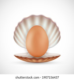 Chicken egg in seashell. Isolated on white background. Vector illustration.