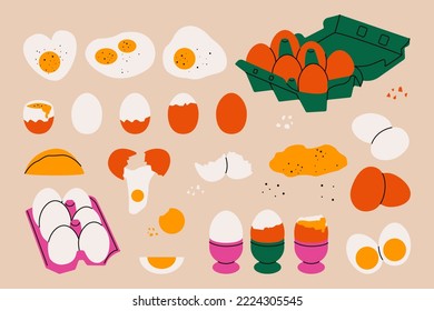 Chicken egg set. Cartoon boiled raw fried egg yolk carton boxes, broken eggshell protein organic food. Vector collection