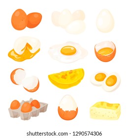 Chicken egg set, farm natural fresh ingredient. Farm bird egg and eggshell. Vector flat style cartoon illustration isolated on white background