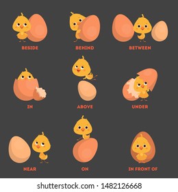 Chicken and egg set. Learning preposition with bird concept. Animal above and behind, near and under the box. Isolated vector educational illustration in cartoon style