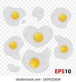 Chicken egg set realistic illustration in the shape of abstract form top view omelet isolated on a transparent background. Product of a farm animal. Bird egg is broken.