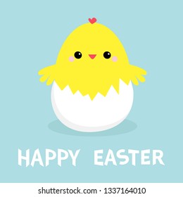 Chicken in Egg shell. Happy Easter. Cute cartoon funny kawaii baby character. Flat design. Greeting card. Blue pastel color background. Vector illustration