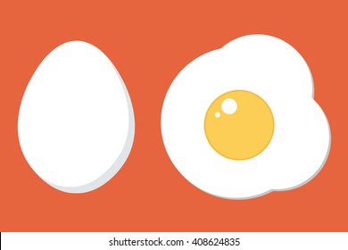 Chicken egg in shell and prepared, fried egg on bright orange background. Flat design breakfast illustration.
