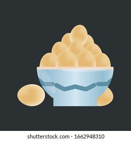Chicken egg in shell, purified half of boiled chicken eggs in bowl. Bowl pattern consisting of eggshell birds, bowls yolk with protein Egg. vector illustration isolated on background