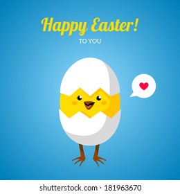 Chicken in egg shell. Vector illustration. Cute character. Happy Easter greeting card design. Place for your text message. Speech bubble with heart sign. Baby chick hatch out.