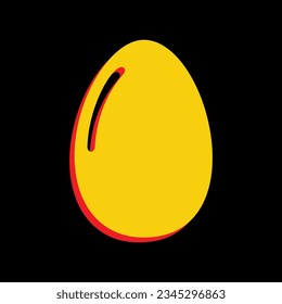 Eierschild aus Hühnchen. 3D-extrudiertes gelbes Symbol mit roten Seiten auf schwarzem Hintergrund. Illustration.