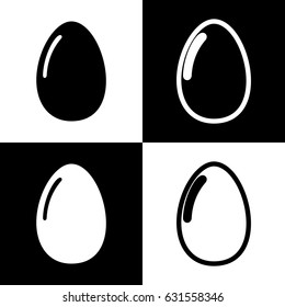 Chicken egg sign. Vector. Black and white icons and line icon on chess board.