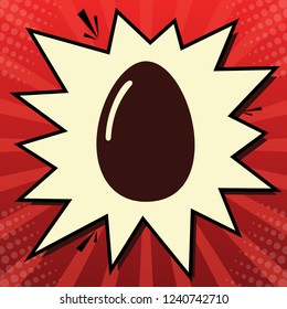 Chicken egg sign. Vector. Dark red icon in lemon chiffon shutter bubble at red popart background with rays.