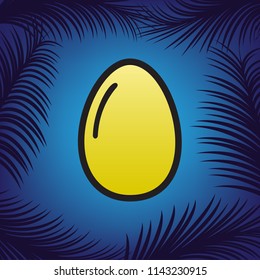 Chicken egg sign. Vector. Golden icon with black contour at blue background with branches of palm trees.