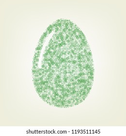 Chicken egg sign. Vector. Green hexagon rastered icon and noised opacity and size at light green background with central light.