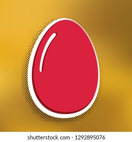 Chicken egg sign. Vector. Magenta icon with darker shadow, white sticker and black popart shadow on golden background.