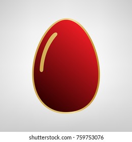 Chicken egg sign. Vector. Red icon on gold sticker at light gray background.