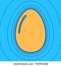 Chicken egg sign. Vector. Sand color icon with black contour and equidistant blue contours like field at sky blue background. Like waves on map - island in ocean or sea.