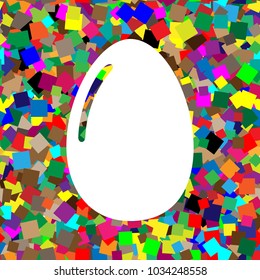 Chicken egg sign. Vector. White icon on colorful background with seamless pattern from squares.