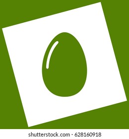 Chicken egg sign. Vector. White icon obtained as a result of subtraction rotated square and path. Avocado background.