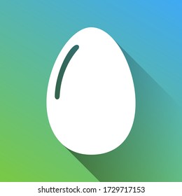 Chicken egg sign. White Icon with gray dropped limitless shadow on green to blue background. Illustration.