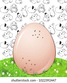 chicken egg with speckles on a clearing with green grass and daisies on pattern with rabbits. drawings with a black pen