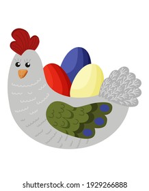 Chicken egg stand. Gray chicken with colored eggs