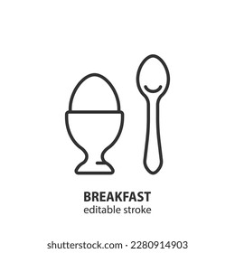 Chicken egg in a stand with a spoon line icon. Breakfast outline vector symbol. Editable stroke.