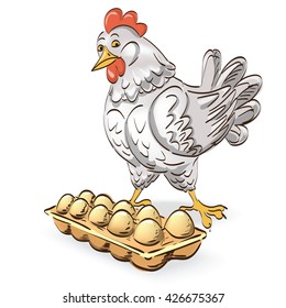 chicken with egg tray on a white background vector