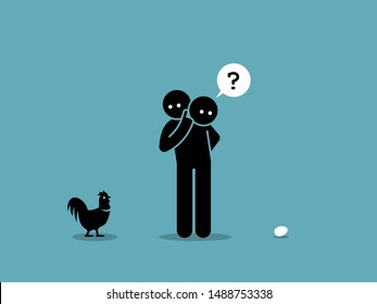 Chicken or Egg. Who come first argument. Vector artwork showing a man looking at both a chicken and an egg and wondering which came first.