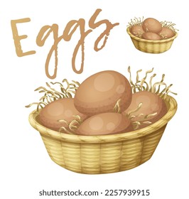 Chicken eggs in basket icon. Cartoon vector illustration isolated on white background