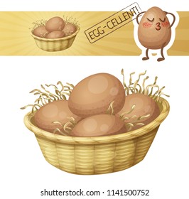 Chicken eggs in basket icon. Vector illustration with cute cartoon egg charatcer