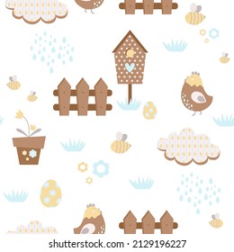 Chicken, eggs, bees, clouds, raindrops, potted flower, fence. Seamless pattern, vector illustration. Pastel colors, children's print design, Easter, Spring Day. For fabrics, upholstery, covers, paper