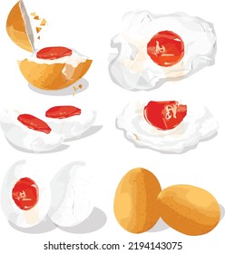Chicken eggs, boiled eggs, fried eggs, placed on a white background.