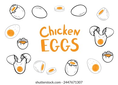 Chicken eggs. boiled, soft-boiled, whole, half eggs, broken egg, yolk, eggshell frame. background for poster, cafe menu, flyer, cookbook, banner, card, wrapping paper, package design. Doodle simple 