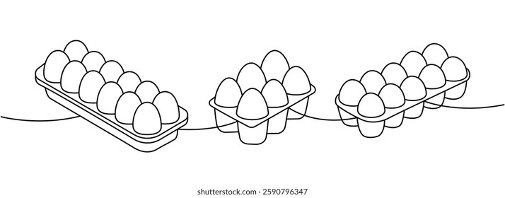 Chicken eggs in boxes one line continuous drawing. Boiled eggs, broken eggshell, omelette, protein and yolk. Vector illustration