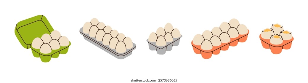Chicken eggs in boxes. Organic farm product. Box of eggs. Vector illustration.