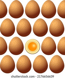 Chicken eggs brown with spots, symmetrically located. One egg cut in half. Seamless pattern on a transparent background