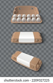 Chicken eggs cardboard package with blank label realistic mockup isolated on transparent background vector illustration