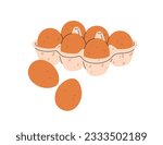 Chicken eggs in cardboard tray. Whole fresh raw food product in paper box, storage package, holder. Healthy snack with brown shell, eggshell. Flat vector illustration isolated on white background