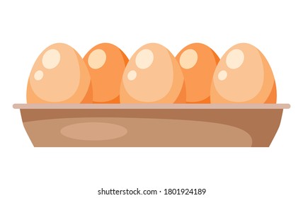 Chicken eggs in carton box isolated on white background. Cardboard tray with brown eggs flat vector illustration front view. Organic natural ingredient of animal origin in beige shell, diet food