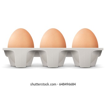 Chicken eggs in carton box isolated white background  Cardboard tray and brown eggs  front view