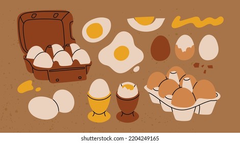 Chicken Eggs in carton boxes, boiled and fried eggs. Eggs with and without shell. Breakfast, organic farm food concept. Poultry production. Hand drawn Vector illustration. Isolated elements